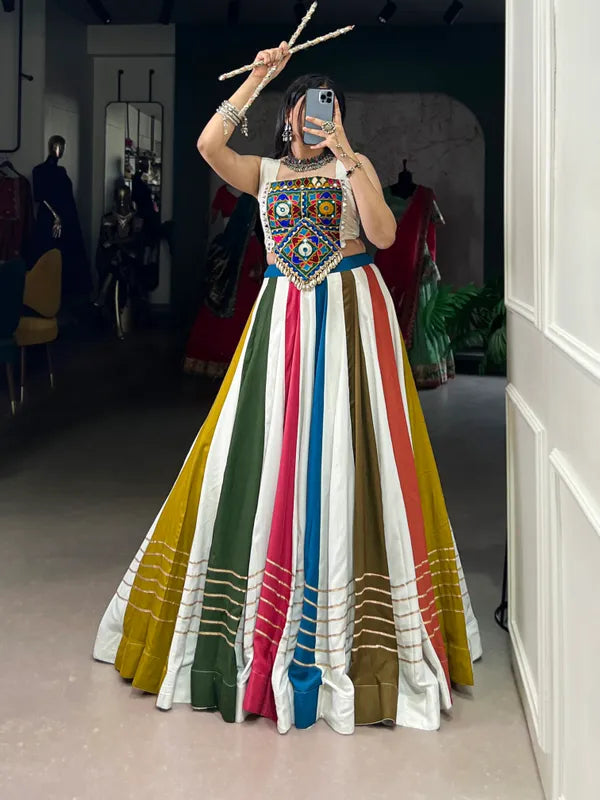 Multicolor Rayon Lehenga And Gamthi Work Blouse For Navratri Festive Fashion At Its Best