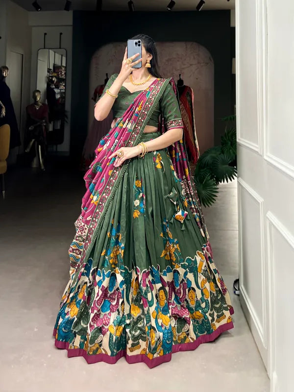 Green Tussar Silk Patola Print Trendy Lehenga Choli In Green