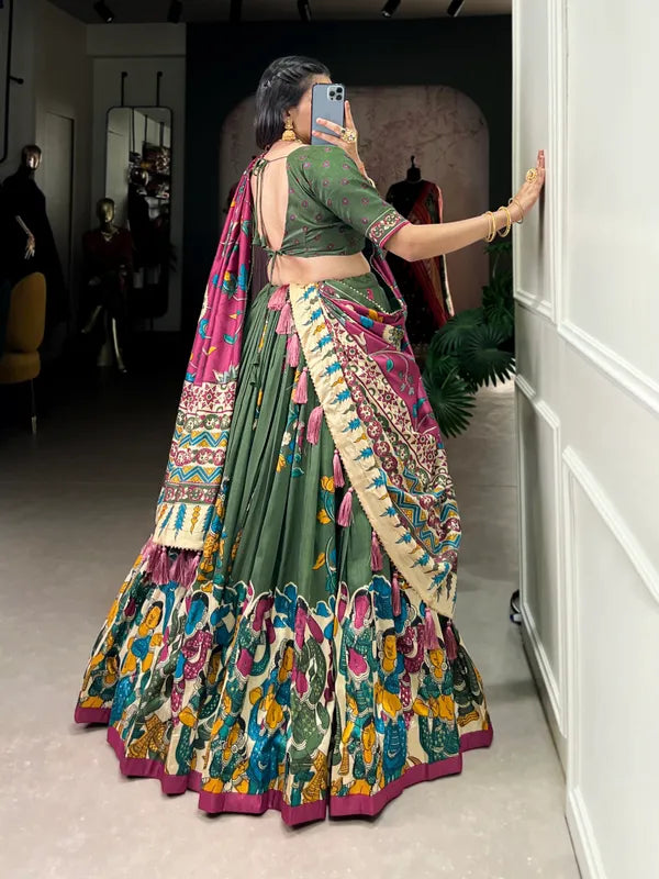 Green Tussar Silk Patola Print Trendy Lehenga Choli In Green