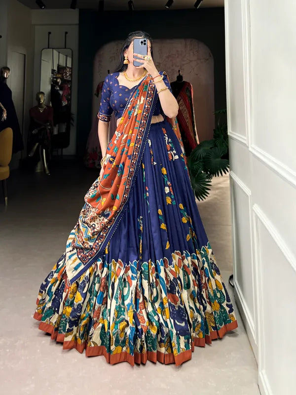 Navy Blue Tussar Silk Patola Print Trendy Lehenga Choli