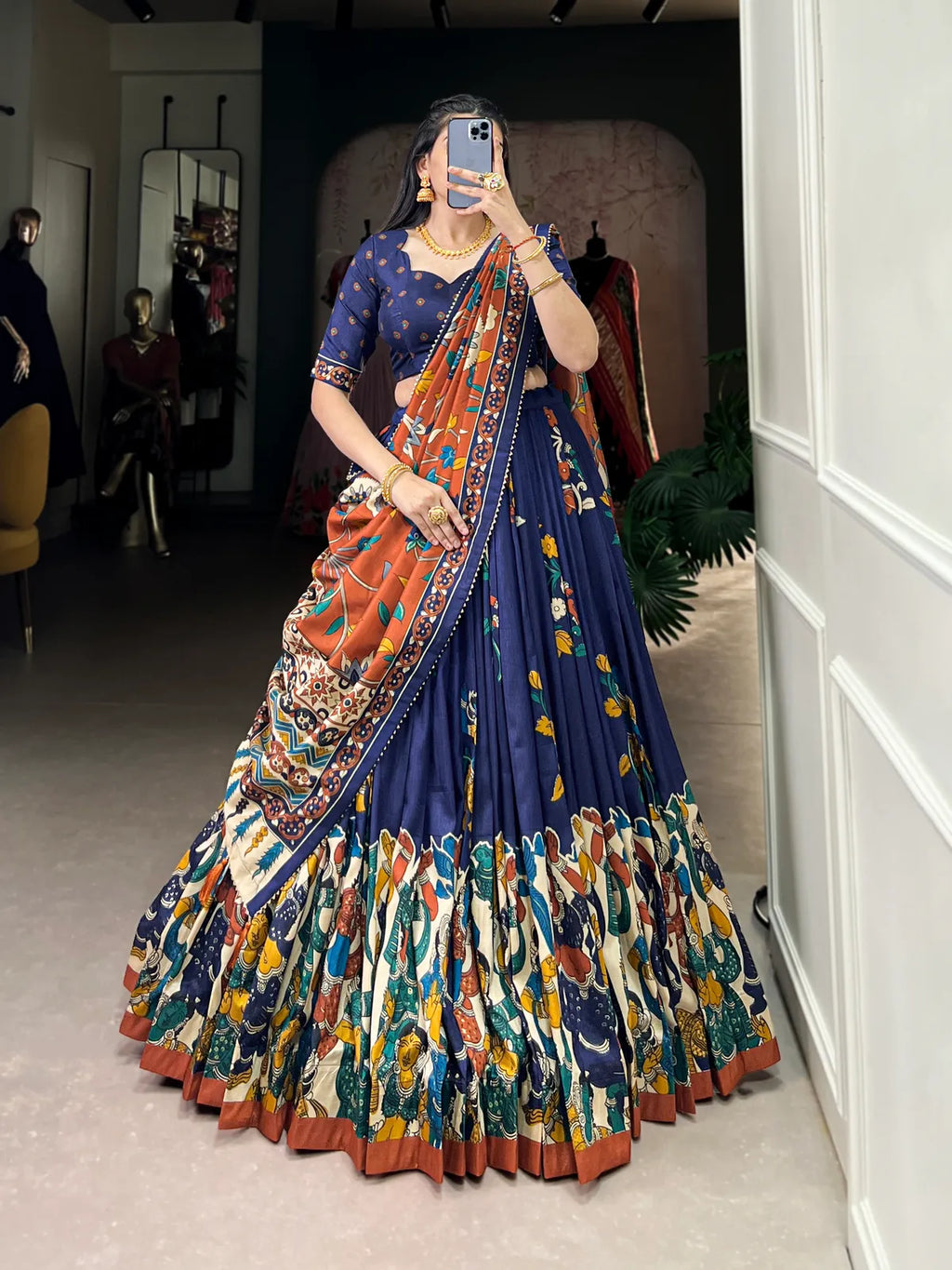 Navy Blue Tussar Silk Patola Print Trendy Lehenga Choli