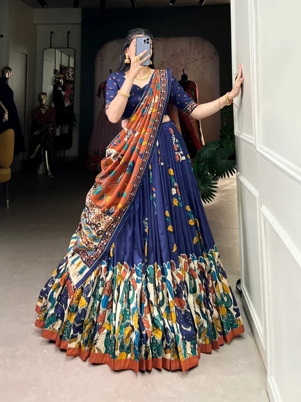 Navy Blue Tussar Silk Patola Print Trendy Lehenga Choli