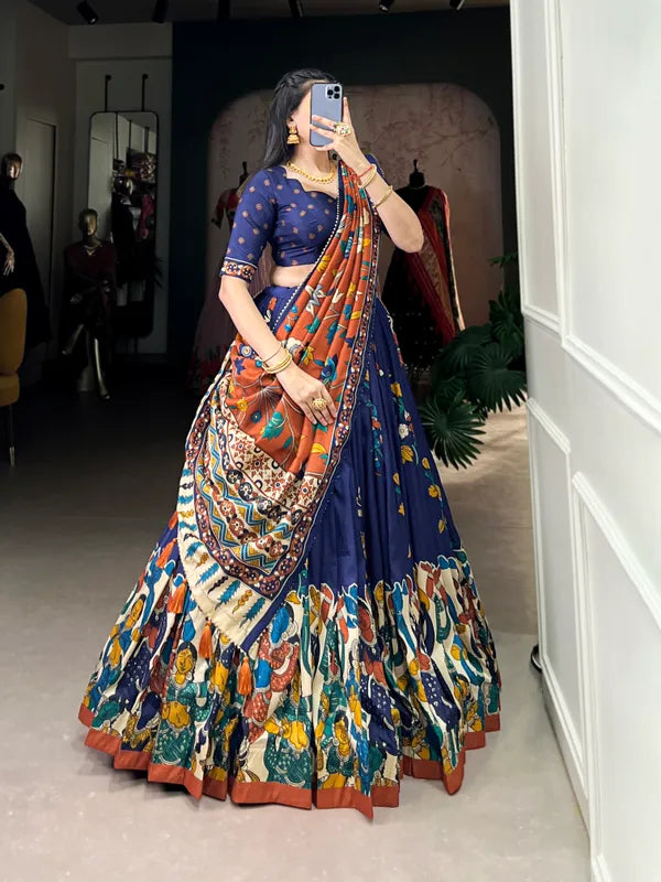 Navy Blue Tussar Silk Patola Print Trendy Lehenga Choli
