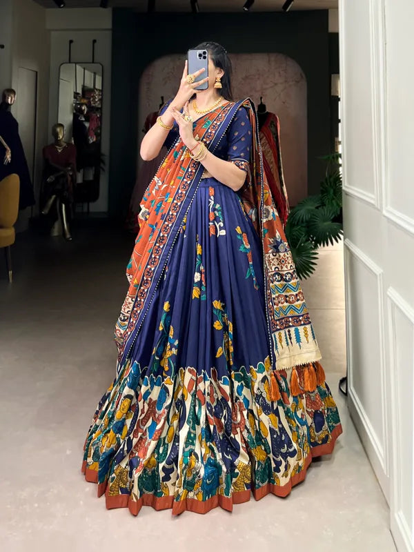 Navy Blue Tussar Silk Patola Print Trendy Lehenga Choli