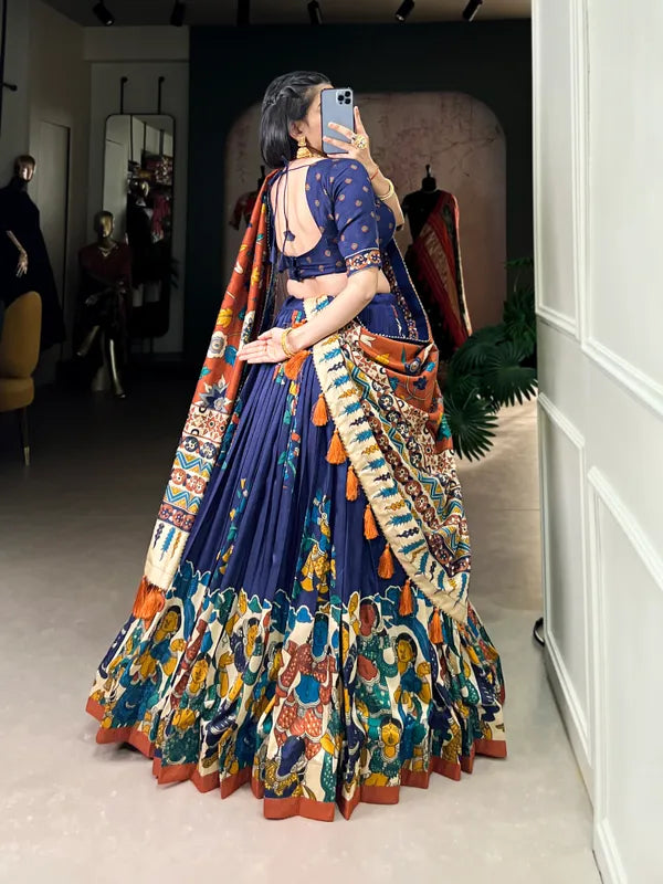 Navy Blue Tussar Silk Patola Print Trendy Lehenga Choli