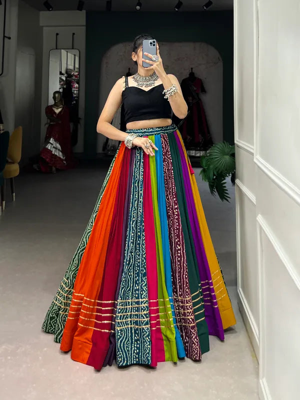 Multicolor Navratri Multi Rayon Lehenga And Gamthi Work Blouse For Navratri Festive Fashion At Its Best: