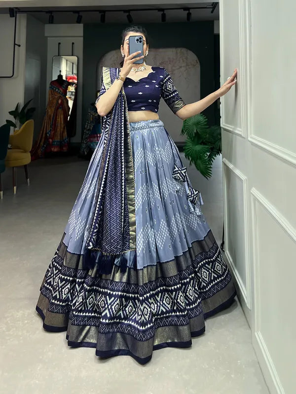 Navy Blue Dola Silk Patola Print Traditional Lehenga Choli