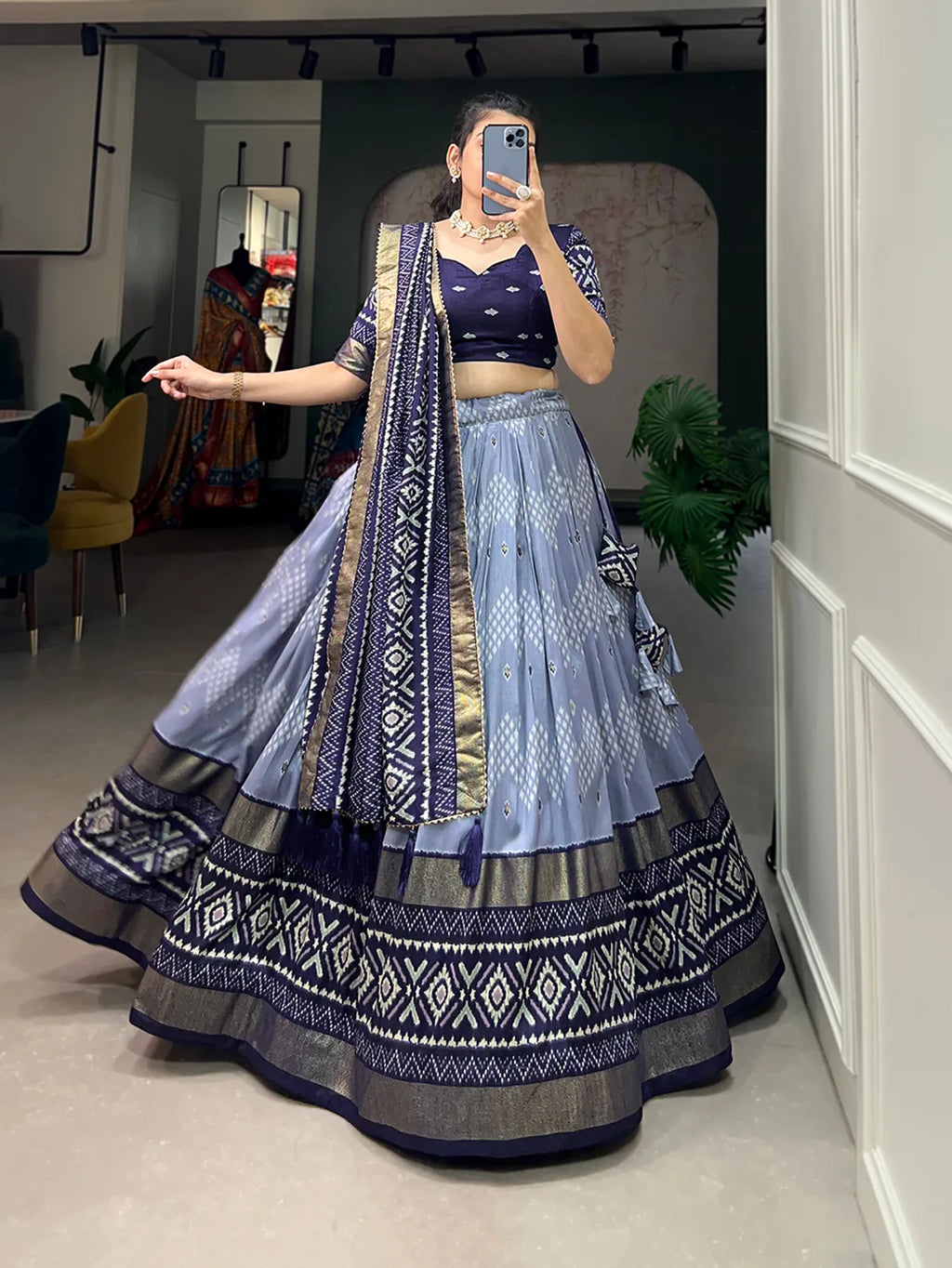 Navy Blue Dola Silk Patola Print Traditional Lehenga Choli