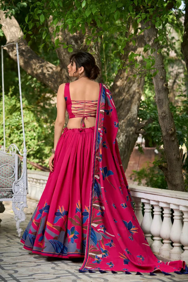 Rani Pink Floral Lehenga Choli With Foil Print & Gotta Patti Dupatta