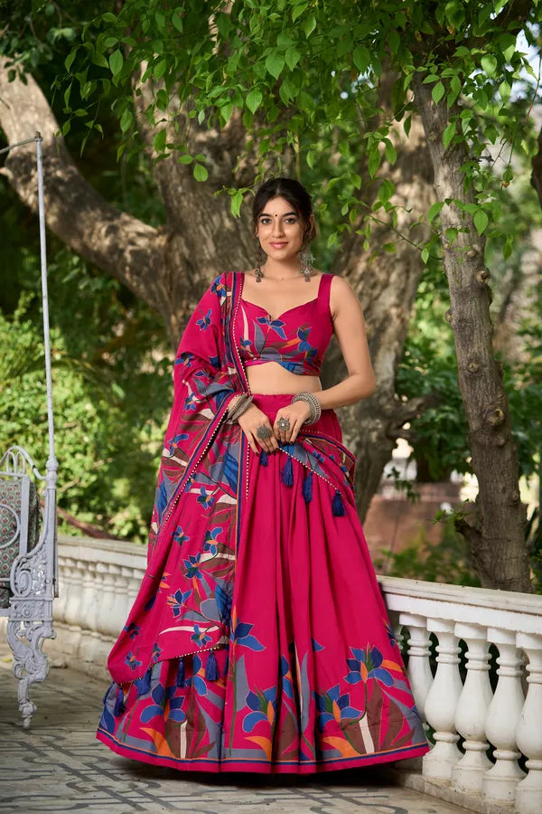 Rani Pink Floral Lehenga Choli With Foil Print & Gotta Patti Dupatta