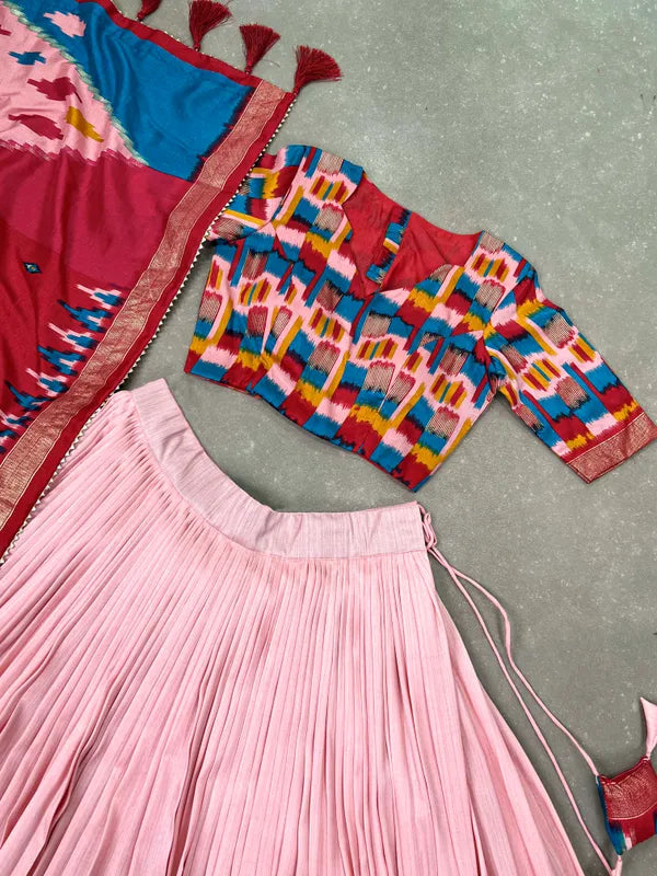 Peach Color Tussar Silk Printed Navratri Lehenga Choli