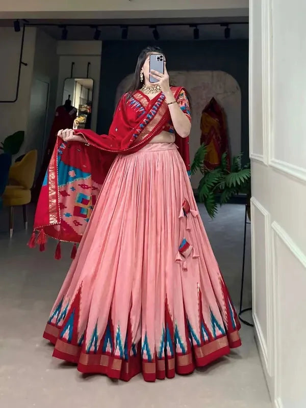 Peach Color Tussar Silk Printed Navratri Lehenga Choli