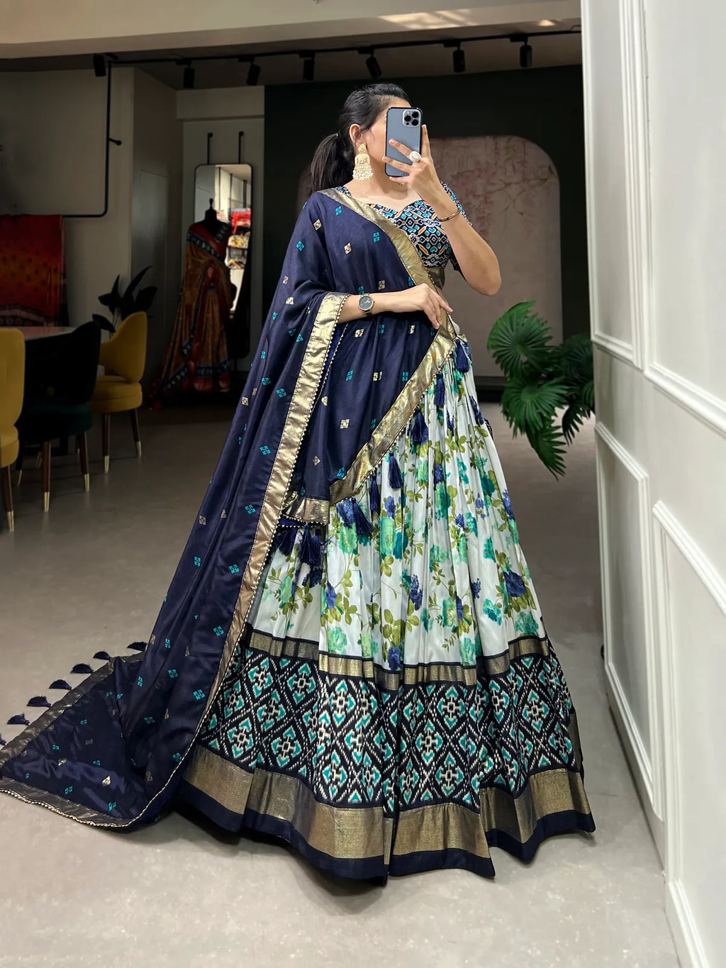 Navy Blue Dola Silk Blue Patola Print Traditional Lehenga Choli