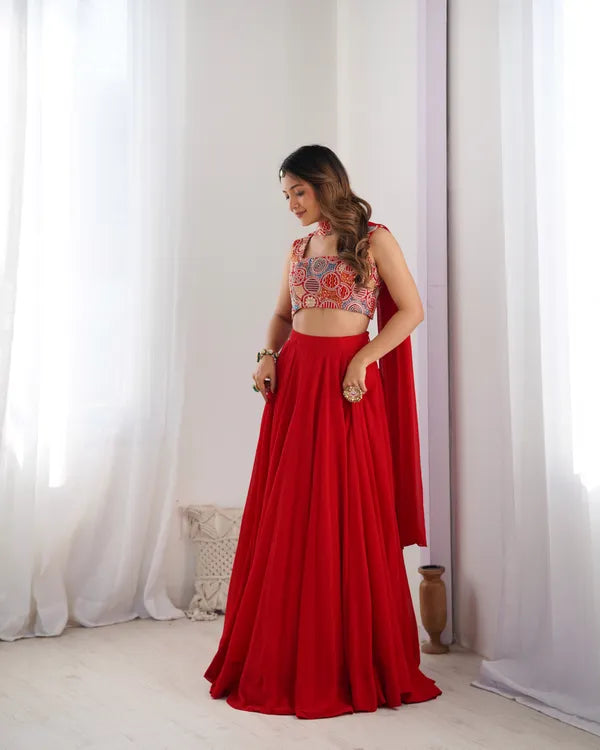 Red Pure Soft Fox Georgette Most Trendy Padding Fabric Fully Flair Lehenga,With Duppta Set