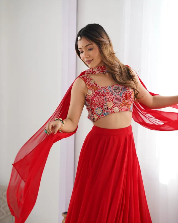 Red Pure Soft Fox Georgette Most Trendy Padding Fabric Fully Flair Lehenga,With Duppta Set