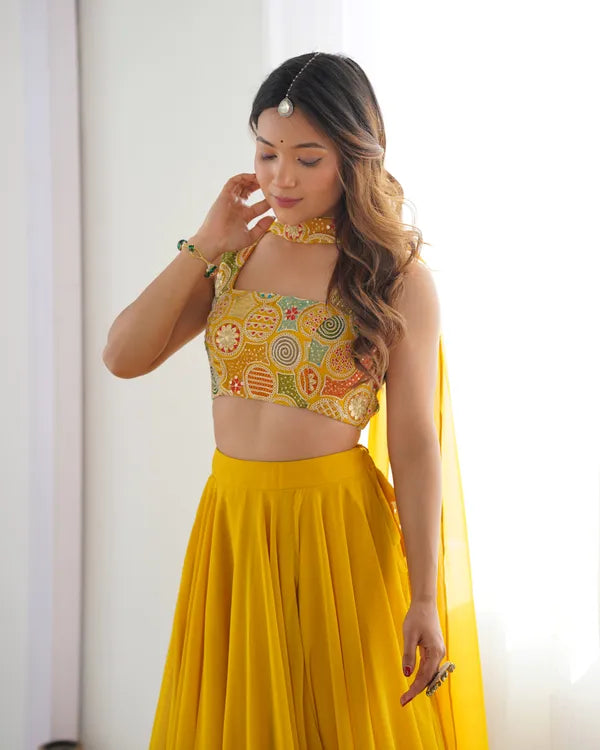 Yellow Pure Soft Fox Georgette Most Trendy Padding Fabric Fully Flair Lehenga,With Duppta Set