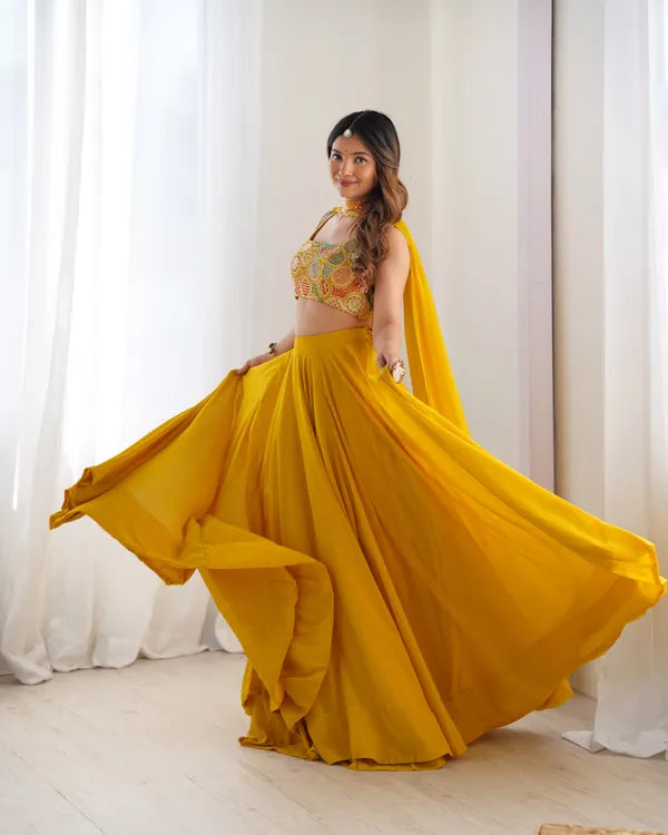 Yellow Pure Soft Fox Georgette Most Trendy Padding Fabric Fully Flair Lehenga,With Duppta Set