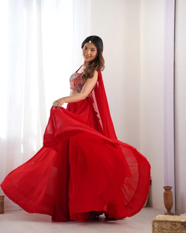Red Pure Soft Fox Georgette Most Trendy Padding Fabric Fully Flair Lehenga,With Duppta Set