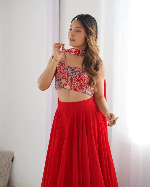 Red Pure Soft Fox Georgette Most Trendy Padding Fabric Fully Flair Lehenga,With Duppta Set