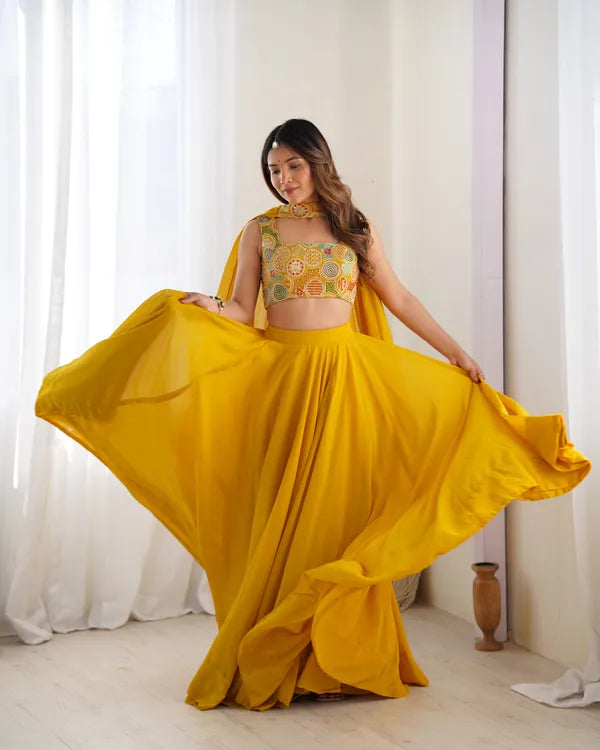 Yellow Pure Soft Fox Georgette Most Trendy Padding Fabric Fully Flair Lehenga,With Duppta Set