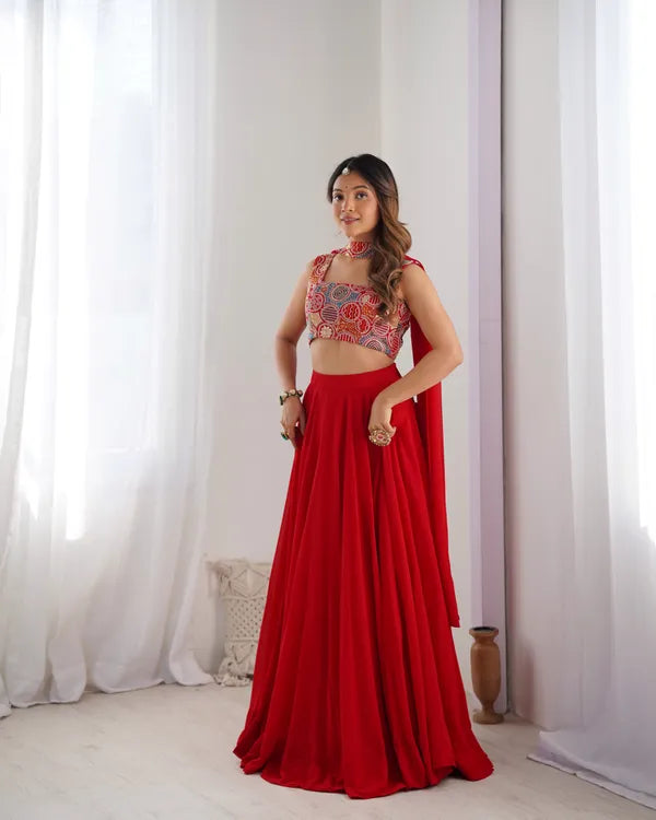 Red Pure Soft Fox Georgette Most Trendy Padding Fabric Fully Flair Lehenga,With Duppta Set