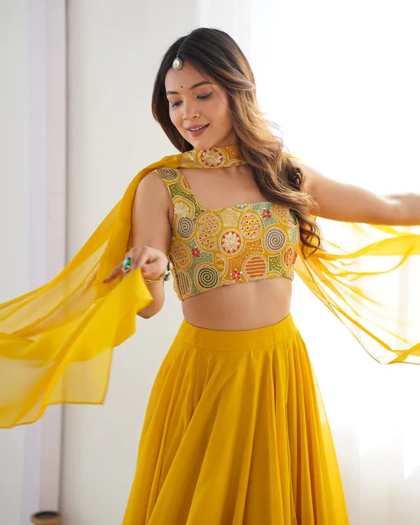 Yellow Pure Soft Fox Georgette Most Trendy Padding Fabric Fully Flair Lehenga,With Duppta Set