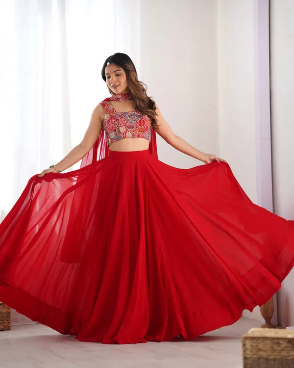 Red Pure Soft Fox Georgette Most Trendy Padding Fabric Fully Flair Lehenga,With Duppta Set