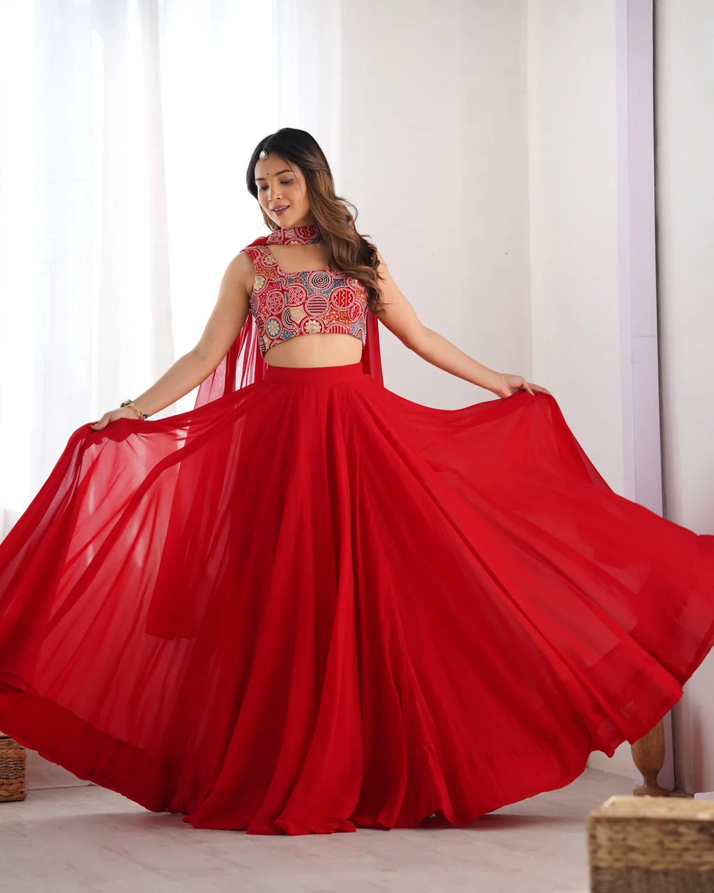 Red Pure Soft Fox Georgette Most Trendy Padding Fabric Fully Flair Lehenga,With Duppta Set