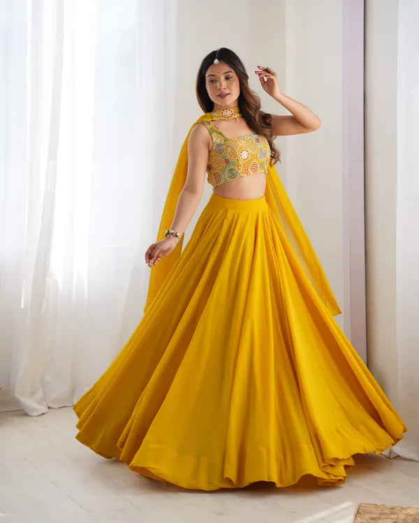 Yellow Pure Soft Fox Georgette Most Trendy Padding Fabric Fully Flair Lehenga,With Duppta Set