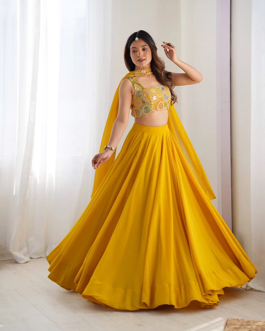 Yellow Pure Soft Fox Georgette Most Trendy Padding Fabric Fully Flair Lehenga,With Duppta Set