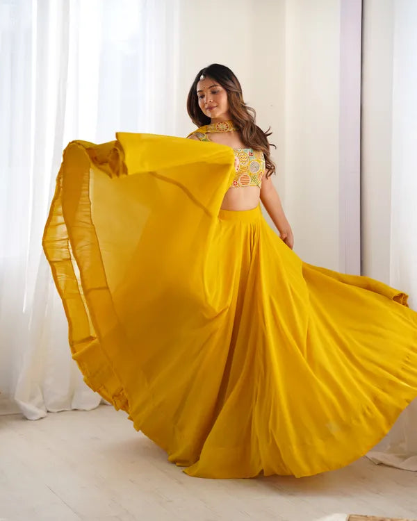 Yellow Pure Soft Fox Georgette Most Trendy Padding Fabric Fully Flair Lehenga,With Duppta Set