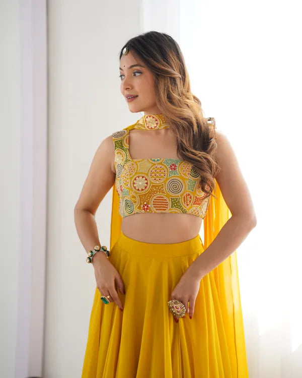 Yellow Pure Soft Fox Georgette Most Trendy Padding Fabric Fully Flair Lehenga,With Duppta Set
