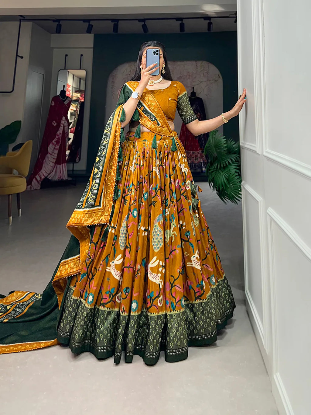 Mustard Tussar Silk Mustard Fabulously Patola Printed Stitched Lehenga & Blouse With Dupatta