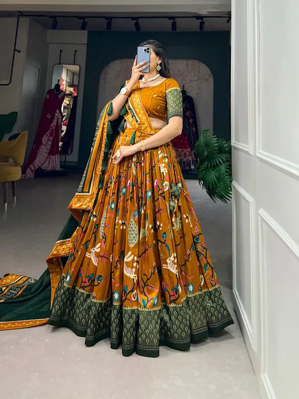 Mustard Tussar Silk Mustard Fabulously Patola Printed Stitched Lehenga & Blouse With Dupatta