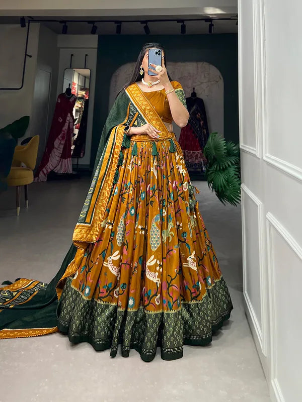 Mustard Tussar Silk Mustard Fabulously Patola Printed Stitched Lehenga & Blouse With Dupatta