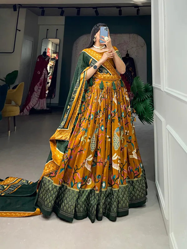 Mustard Tussar Silk Mustard Fabulously Patola Printed Stitched Lehenga & Blouse With Dupatta