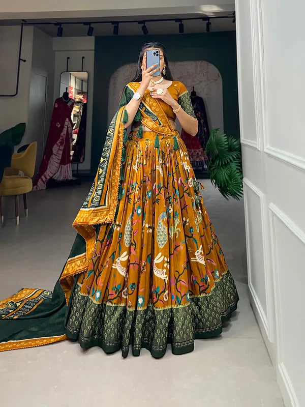Mustard Tussar Silk Mustard Fabulously Patola Printed Stitched Lehenga & Blouse With Dupatta