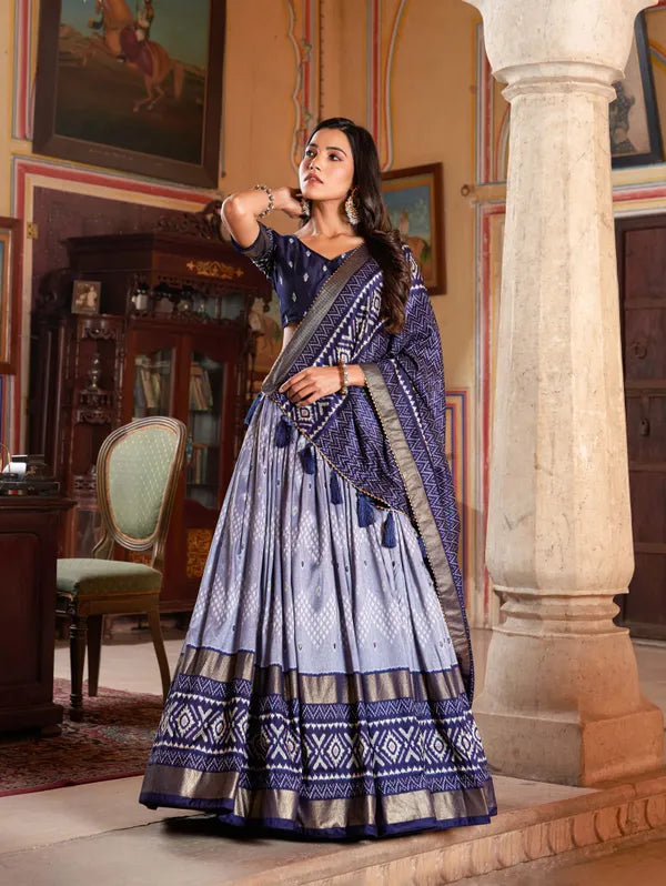 Navy Blue Color Silk Lehenga Choli With Patola Print Dupatta