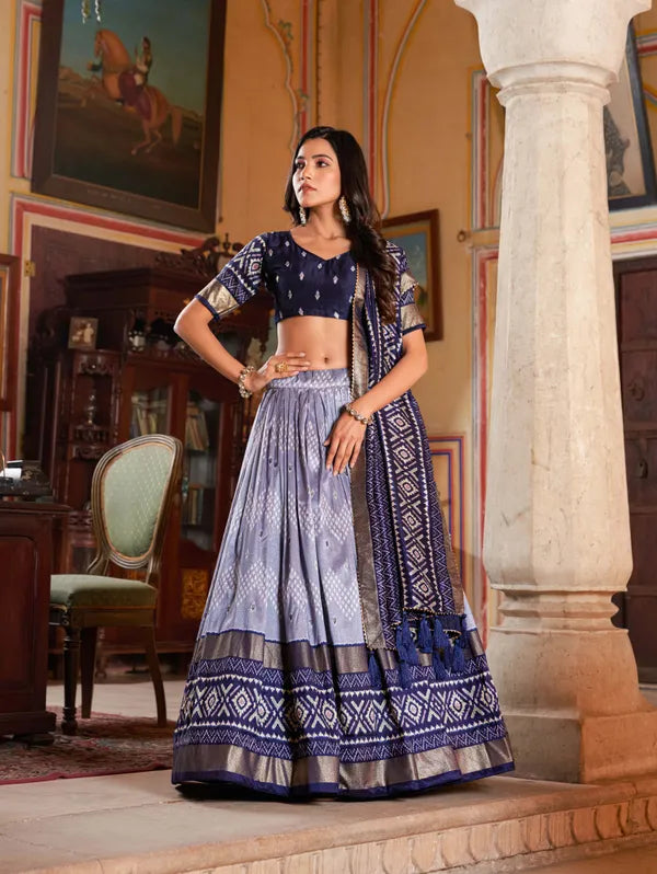Navy Blue Color Silk Lehenga Choli With Patola Print Dupatta