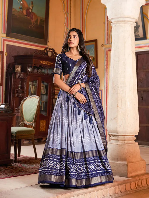 Navy Blue Color Silk Lehenga Choli With Patola Print Dupatta