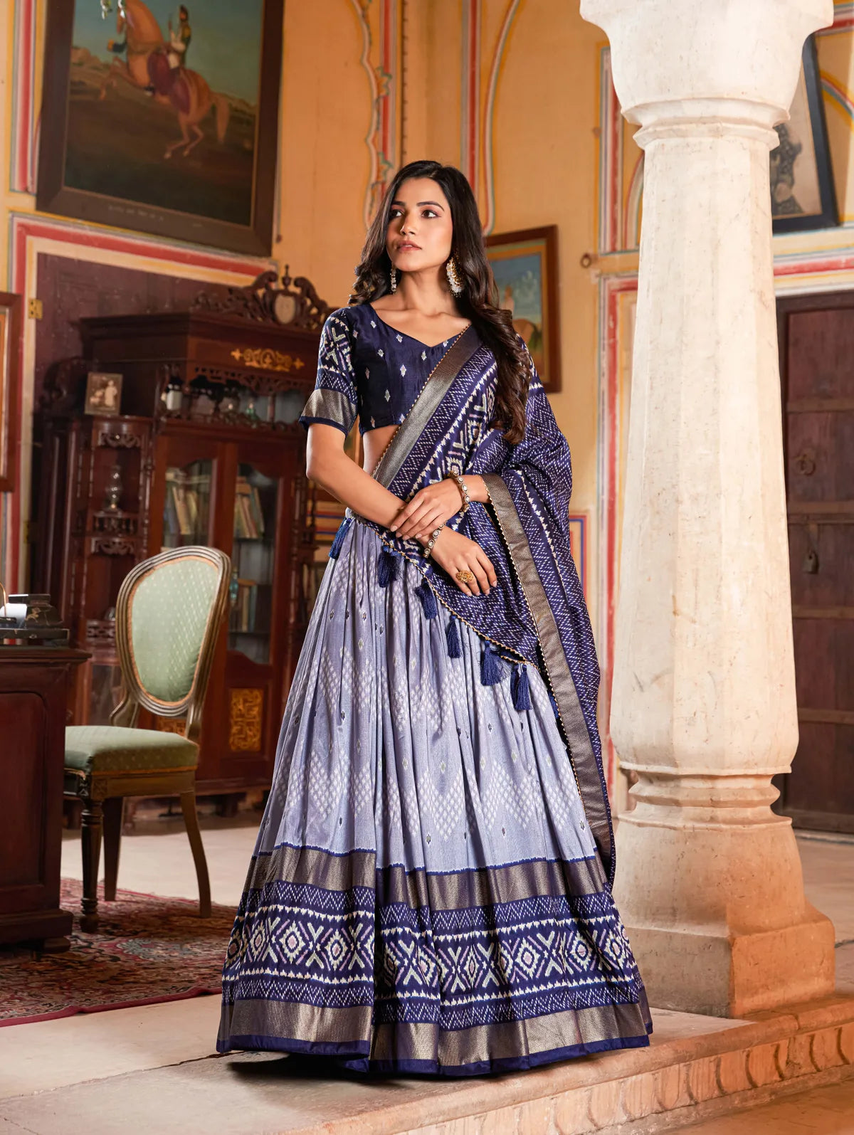 Navy Blue Color Silk Lehenga Choli With Patola Print Dupatta