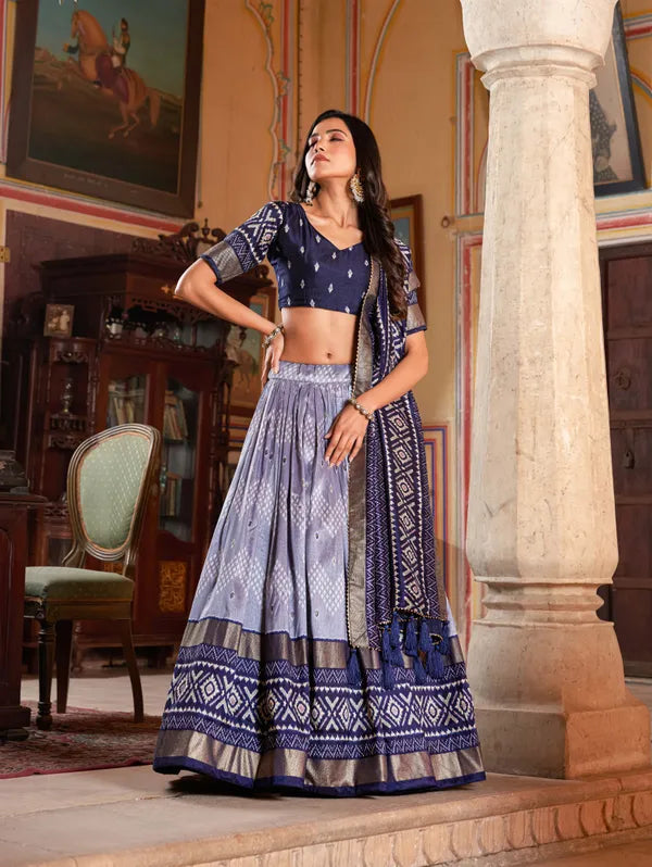 Navy Blue Color Silk Lehenga Choli With Patola Print Dupatta