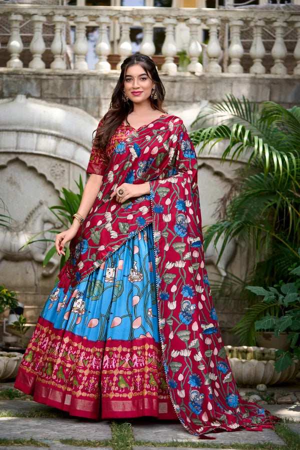 Firoji Tussar Silk Patola Print Trendy Lehenga Choli
