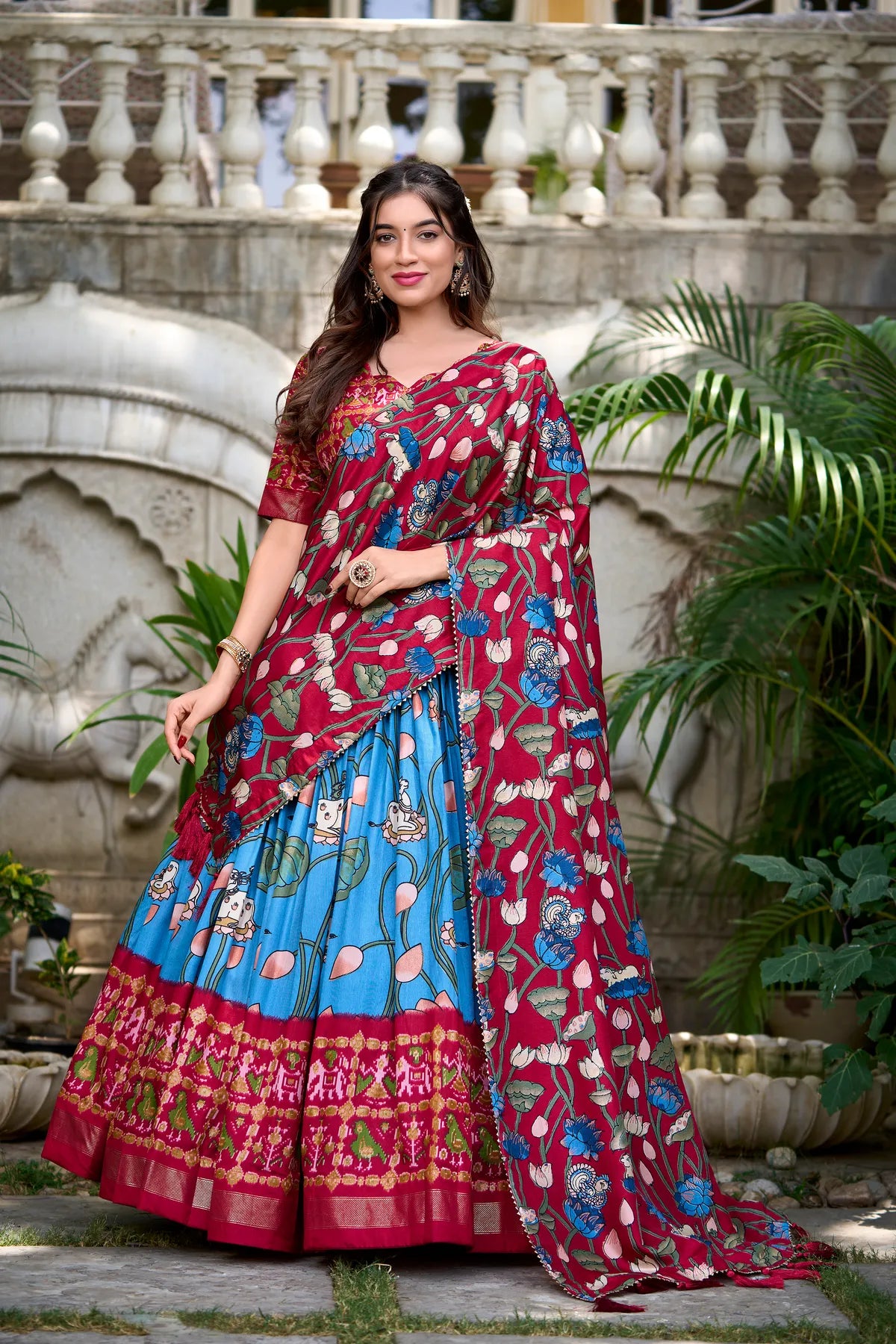 Firoji Tussar Silk Patola Print Trendy Lehenga Choli