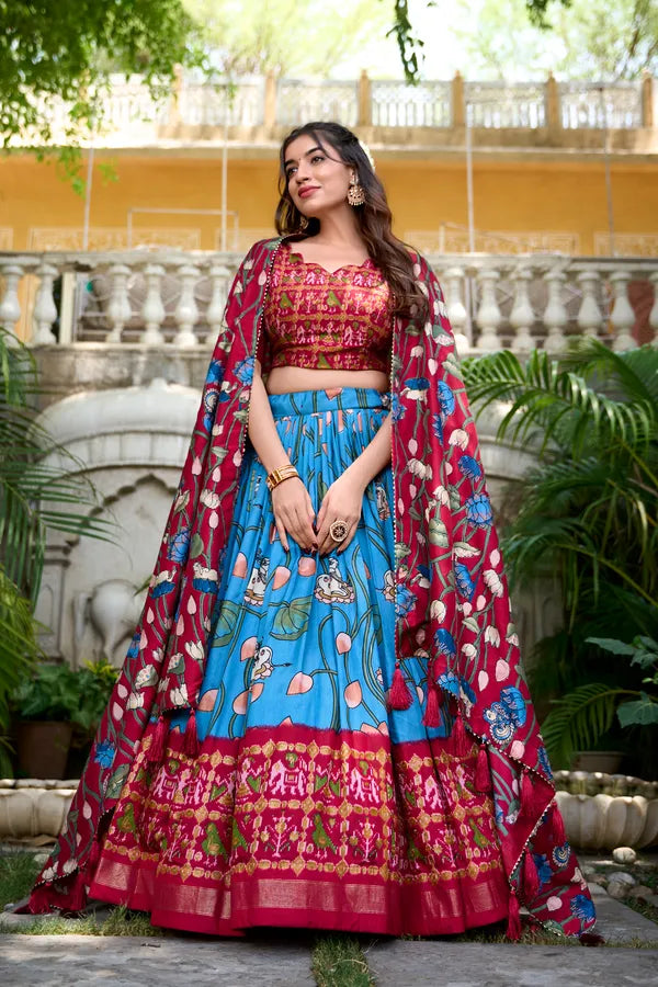 Firoji Tussar Silk Patola Print Trendy Lehenga Choli