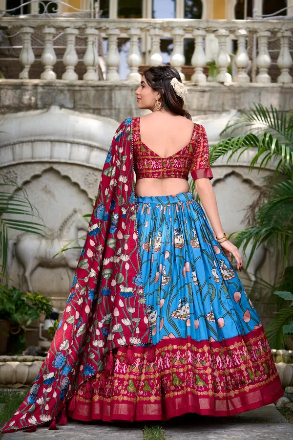 Firoji Tussar Silk Patola Print Trendy Lehenga Choli