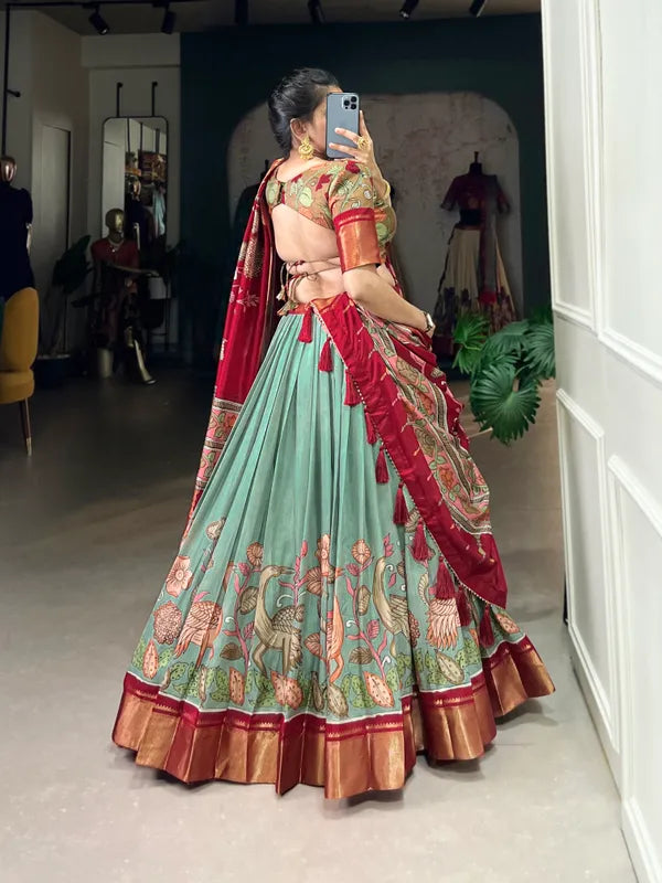 Pista Color Dola Silk Designer Kalamkari Print Lehenga Choli