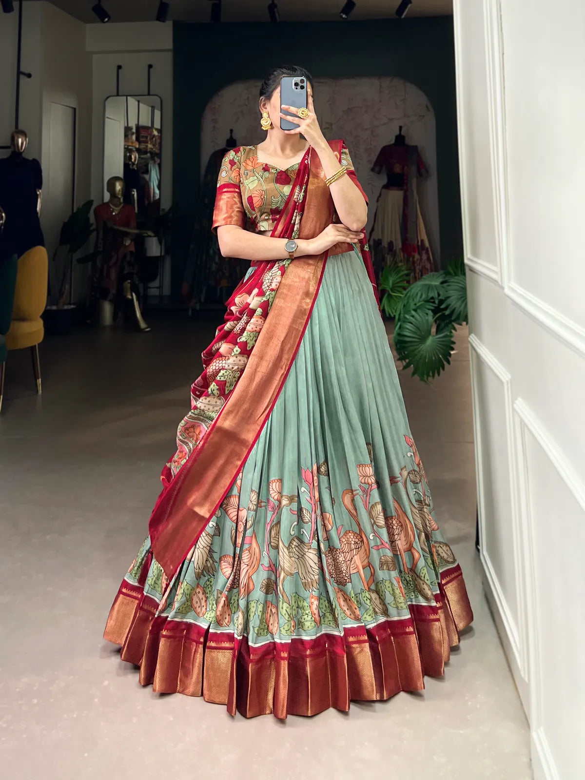 Pista Color Dola Silk Designer Kalamkari Print Lehenga Choli