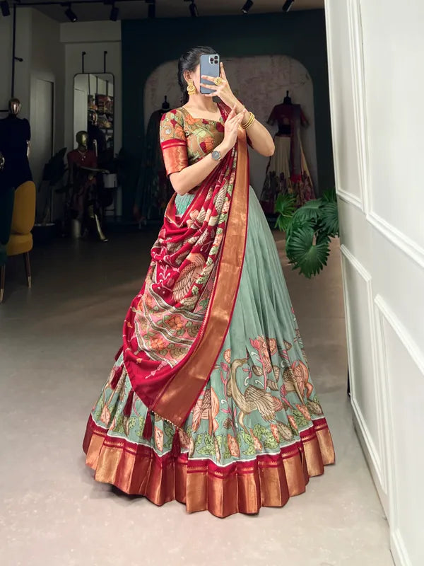 Pista Color Dola Silk Designer Kalamkari Print Lehenga Choli