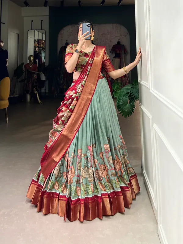 Pista Color Dola Silk Designer Kalamkari Print Lehenga Choli